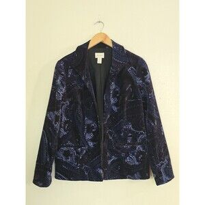 Chico’s Blue Paisley Velvet Blazer Jacket Womens Size 1 Open Stretch Career